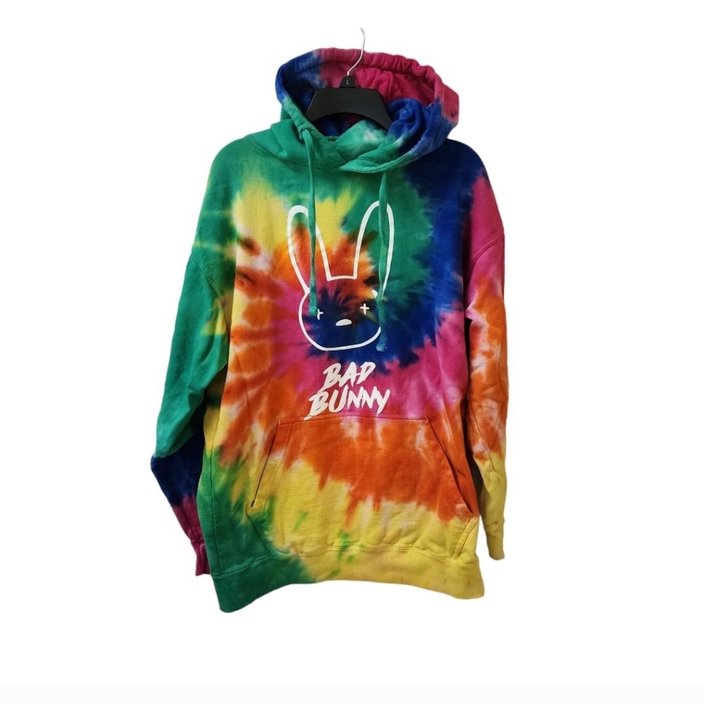 Bad Bunny Colorful Rainbow Tie Dye Pullover Sweater Hoodie Large AMS Brand